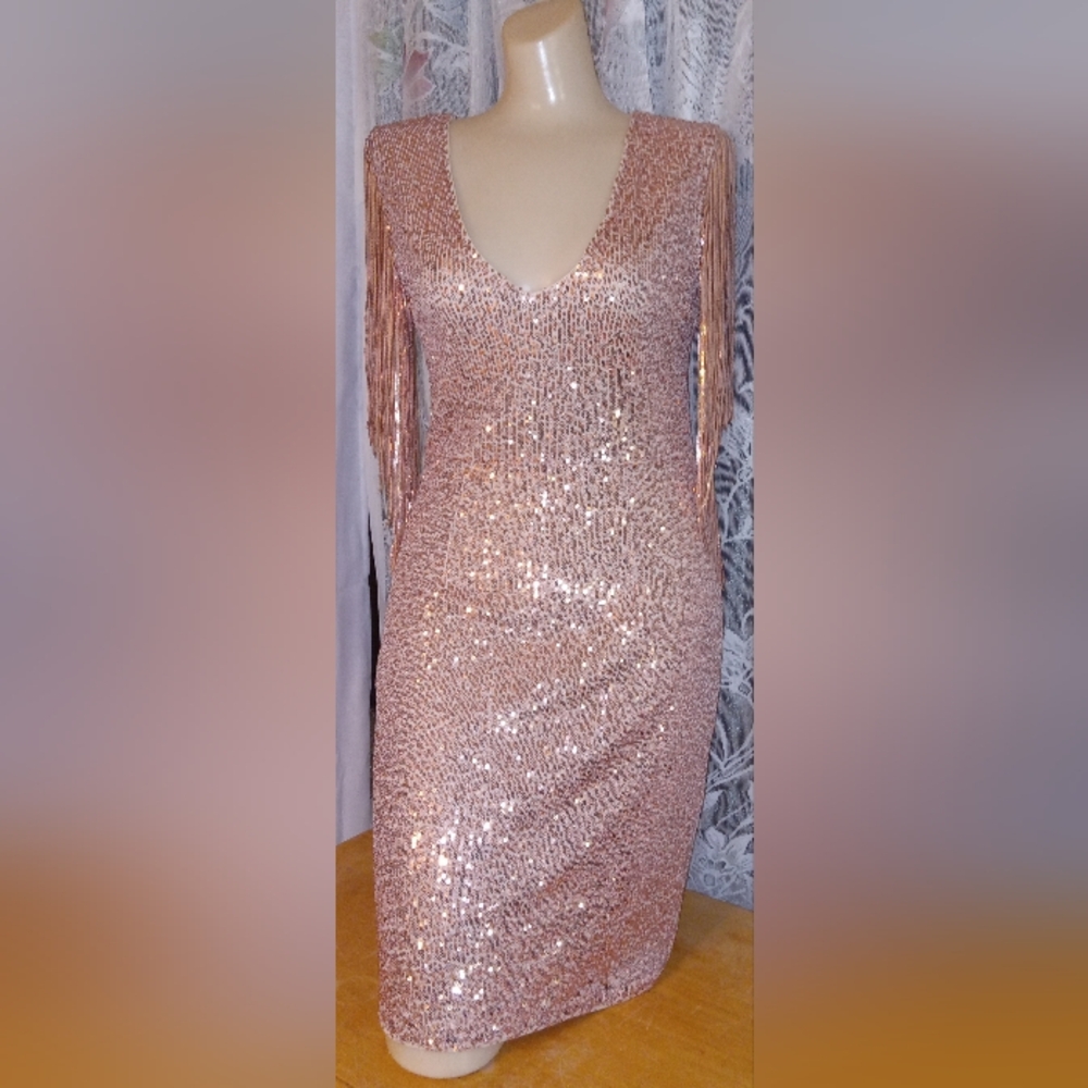 NWT Womens Small Elegant Sequin Dress in Rose Gold
